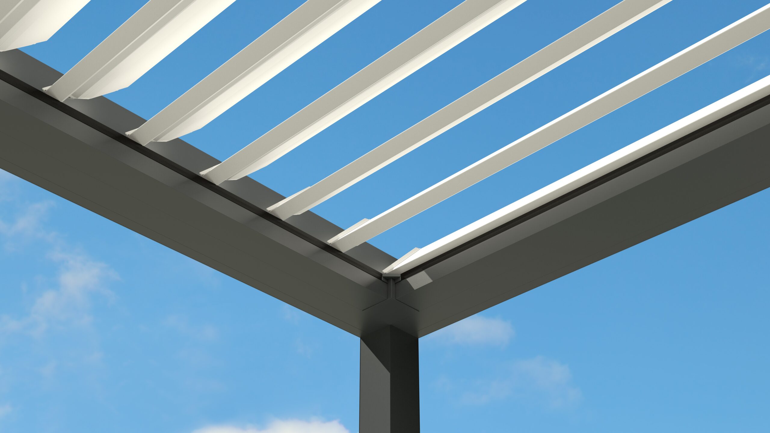 Pergola med öppet lamelltak.